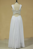 2024 Open Back V Neck With Applique And Beads A Line Chiffon Prom P83SJCF3