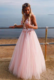 Elegant Deep V Neck Backless Long Pink Prom Dress with Appliques Beading, Party Dress STK15165