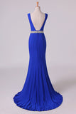 2024 Open Back Column Prom Dresses V Neck Dark Royal Blue Beaded Waistline Sweep P65N6EEB