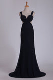 2024 Black Straps Open Back Prom Dresses Mermaid Sweep Train PR4QFB28