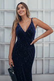 V-Neck Spaghetti Straps Velvet Dark Navy Blue Mermaid Evening Dress, Prom Dresses STK15480