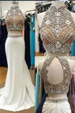 Fabulous Two Piece High Neck Mermaid White Prom Dress with Beading Open Back