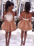 Modern Illusion Neck Sleeveless Short Champagne Prom Dresses