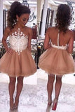 Modern Illusion Neck Sleeveless Short Champagne Prom Dresses