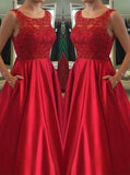 Elegant Jewel Sleeveless Floor-Length Red Beads Open Back Pockets Prom Dresses