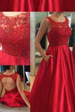 Elegant Jewel Sleeveless Floor-Length Red Beads Open Back Pockets Prom Dresses