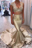 Two Piece V-Neck Court Train Sleeveless Gold Satin Appliques Sleeveless Prom Dresses