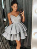 A-Line Spaghetti Straps Sweetheart Grey Satin Homecoming Dress with Lace Beading