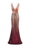 Sexy Sequins Mermaid V Neck Burgundy Velvet Long Prom Dresses Backless Evening Dress STK15352