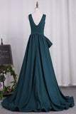 2024 Deep V Neck Elastic Satin A Line Evening Dresses PFA8ZT3H