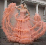 Gorgeous Ball Gown Spaghetti Straps Tulle Ruffles V Neck Prom Dresses with Sequins STK15519