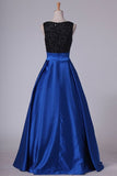 2024 Satin Scoop Beaded Bodice With Slit Prom Dresses PYC5BAMP