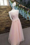 2024 Scoop Neck A-Line Prom Dresses Tulle Lace Up With Appliques PZ6M9DP3