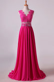 2024 New Arrival V Neck Tulle&Lace Back A Line Exquisite Chiffon Beading Prom PH8BCGKZ