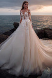 A Line Pink Long Sleeves Round Neck Tulle Wedding Dresses with Appliques, Wedding Gowns STK15012