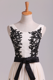 2024 Straps A Line Chiffon Prom Dress Short With Black Applique & Sash