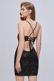 Black Sequins Spaghetti Strap Lace Up Short Homecoming Dresses