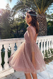 Glitter Pink 3/4 Sleeves Open Back Short Prom Homecoming Dresses