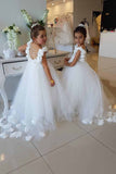 Ruffles Straps Ball Gown Tulle Flower Girl Dresses With Pearl Back