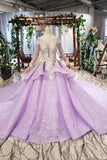 Gorgeous Long Sleeve Ball Gown Appliques Beads Lilac Quinceanera Dresses with Lace up