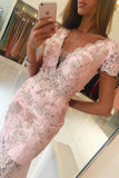 2024 V Neck Short Sleeves Prom Dresses Mermaid Lace With Applique P69CR48R