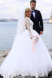 Elegant Ball Gown Lace Long Sleeve Wedding Dresses with Appliques, Tulle White Bridal Dress STK15156