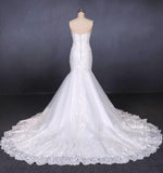 Charming Strapless Sweetheart Mermaid Lace Appliques White Wedding Dresses STK15128