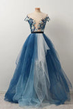 Blue Off the Shoulder Tulle V neck Cap Sleeve Beads Prom Dresses with Applique STK15080