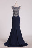 2024 Prom Dresses Scoop Column Sweep Train Spandex With Beads