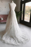 Elegant A-line V-neck Long Backless Lace Beach Wedding Dresses