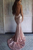 Rose Gold Sequins Mermaid Prom Dresses, Backless Evening Dresses