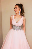 A-line V-neck Pink Long Prom Dresses With Waist Beading