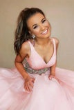 A-line V-neck Pink Long Prom Dresses With Waist Beading