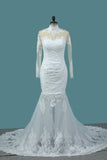 2024 Mermaid Wedding Dresses High Neck Long Sleeves Tulle With Applique PDZ7GDAT