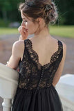 A-line V-neck Lace Tulle Long Black Wedding Dresses