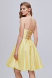 Simple Yellow Strapless A Line Short Homecoming Dresses With Pockets