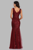 Sexy Burgundy Tulle V Neck Mermaid Sequin Prom Dresses, Evening Party Dresses STK15332