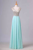 2024 V Neck Prom Dresses A Line Beaded Bodice Sweep Train Chiffon PZRC36J5