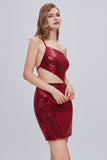 Red One Strap Sequins Open Waist Backless Homecoming Dresses