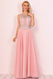 2024 Chiffon Scoop Prom Dresses A Line With Beads&Rhinestones Chiffon PLT761YX