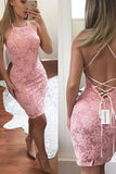 2024 Hot Sheath Halter Open Back Lace Short/Mini Cocktail Dresses PAXBMR9E