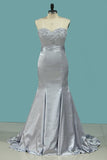 2024 Sexy Mermaid Elastic Satin Silver Prom Dresses Sweetheart Zipper P5EFRLHA