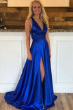 2024 V Neck A Line Prom Dresses Sweep Train Slit Ruffles PY7L3FS3