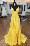 Simple Spaghetti Straps A Line Yellow Ruffles V Neck Prom Dresses, Evening Dresses STK15400