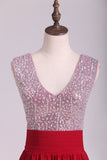 2024 V Neck A Line Sequined Bodice Prom Dresses Chiffon PPXQ9LSF