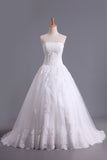 2024 Hot Wedding Dresses A Line Strapless Tulle With Applique Court P8AFC3HS