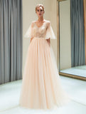 Elegant Chiffon Champagne A Line Floor Length Prom Dresses