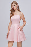 Pink Spaghetti Strap A Line Backless Short Homecoming Dresses