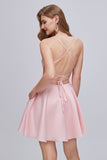 Pink Spaghetti Strap A Line Backless Short Homecoming Dresses