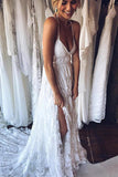 Charming Simple Ivory Lace A Line Court Train Spaghetti Straps Backless Side Slit Beach Wedding Dresses